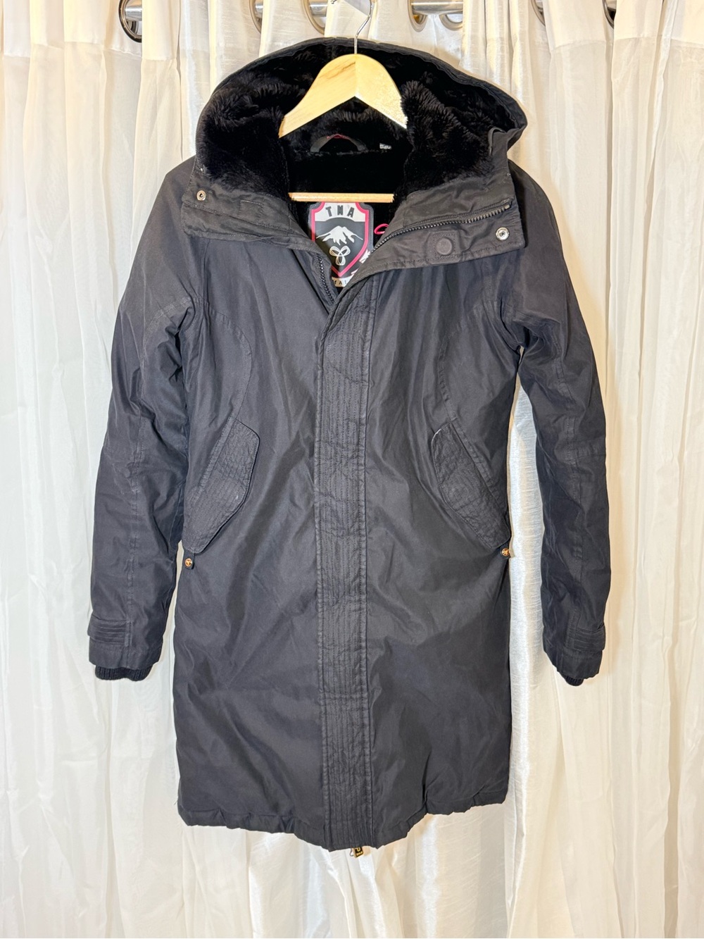TNA Women's Black Long Hooded Puffer Coat